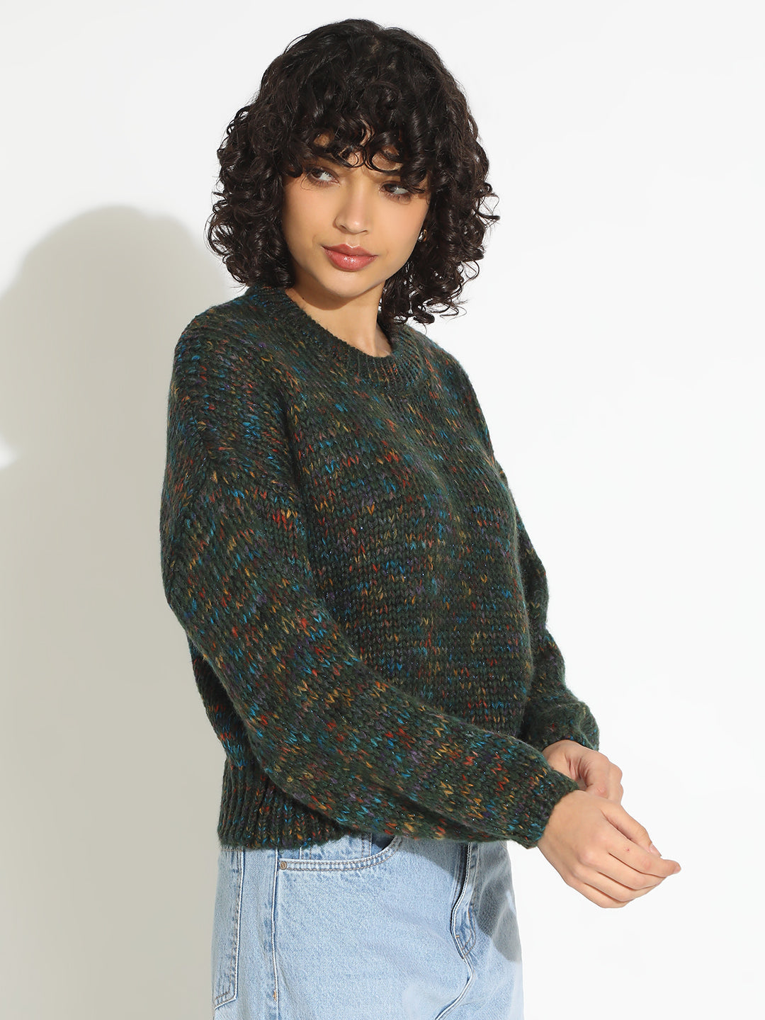 Women's Green Knitted Round Neck Pullover Top