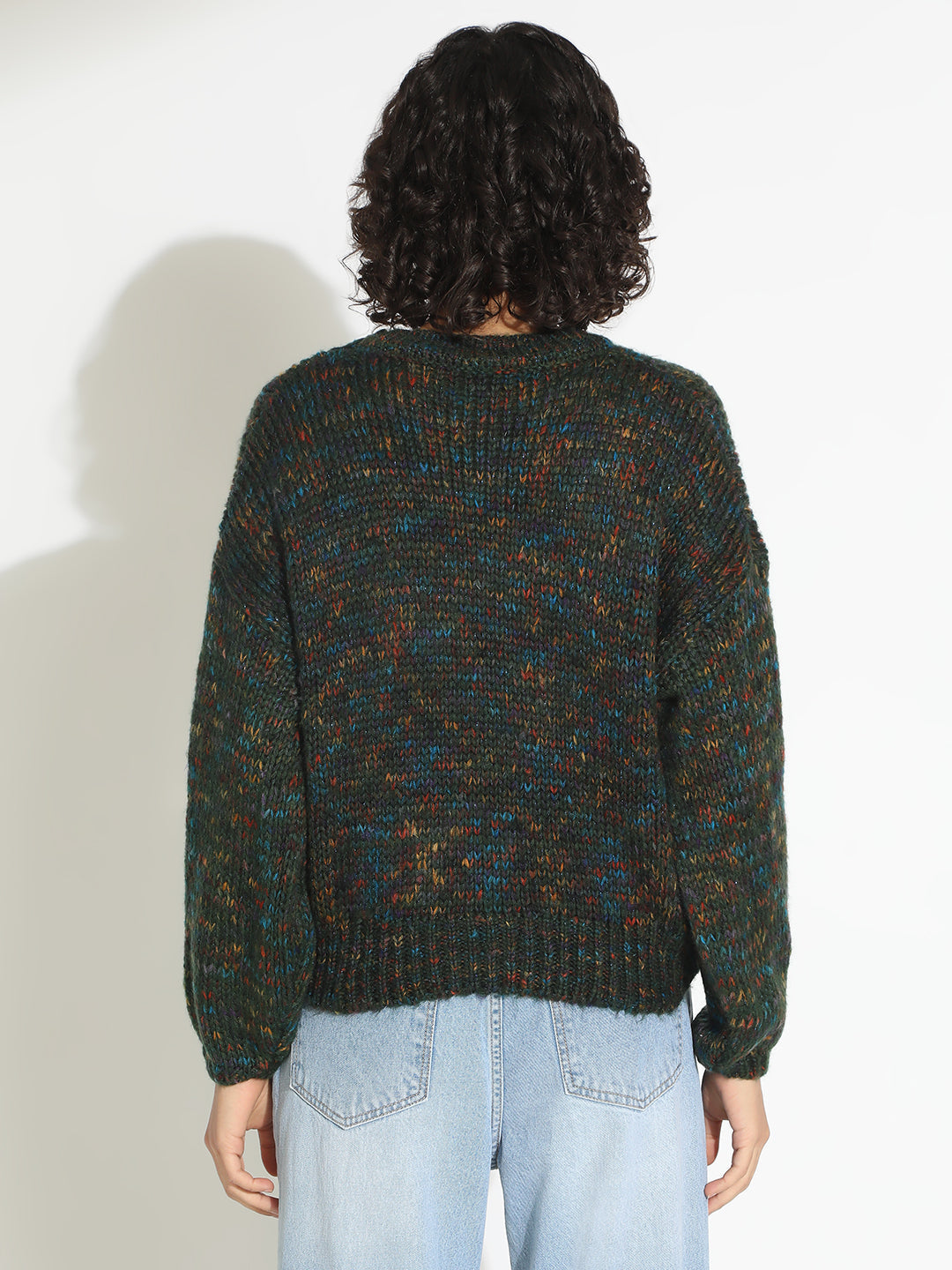 Women's Green Knitted Round Neck Pullover Top