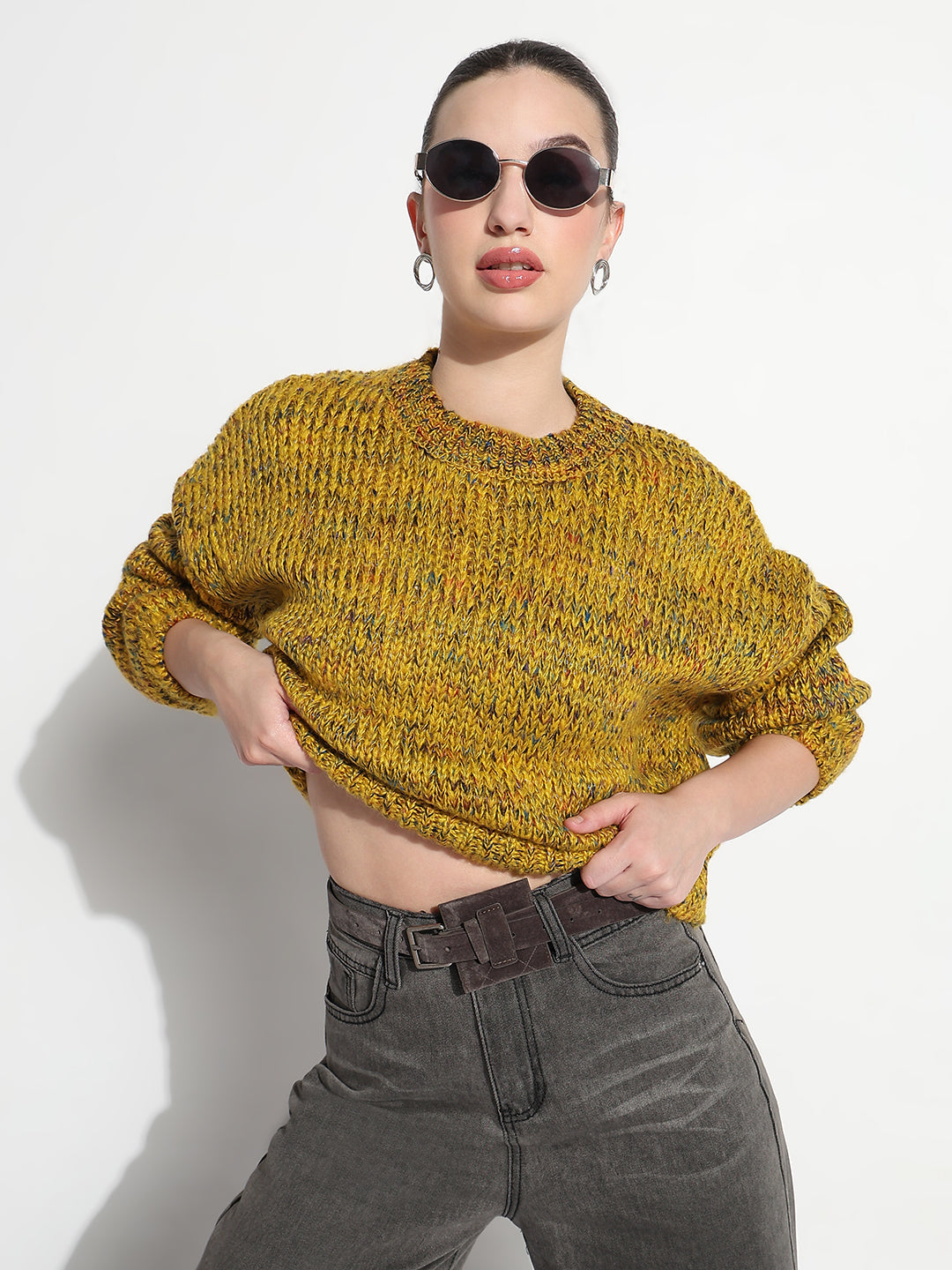 Women's Mustard Knitted Round Neck Pullover Top