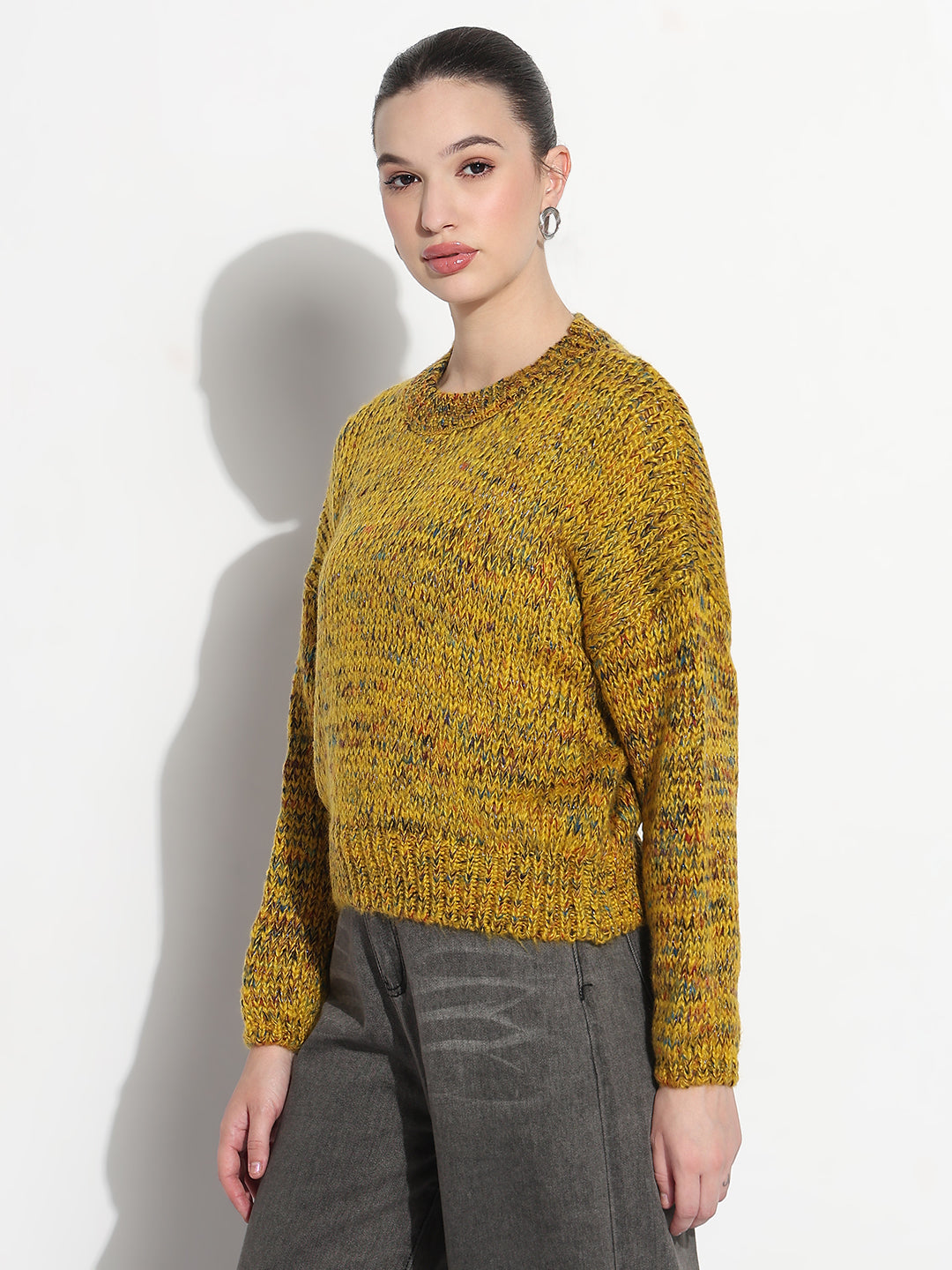 Women's Mustard Knitted Round Neck Pullover Top