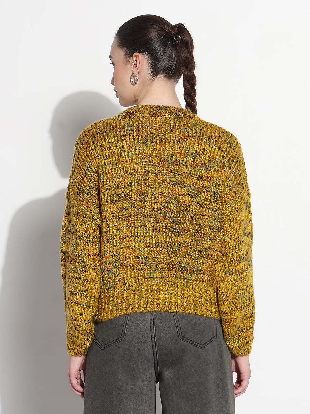 Women's Mustard Knitted Round Neck Pullover Top