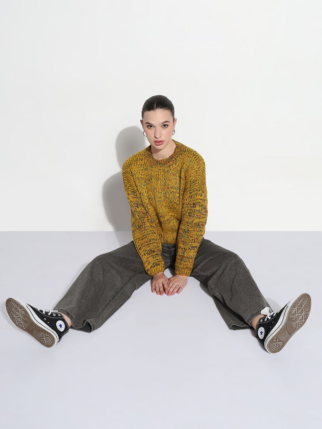 Women's Mustard Knitted Round Neck Pullover Top