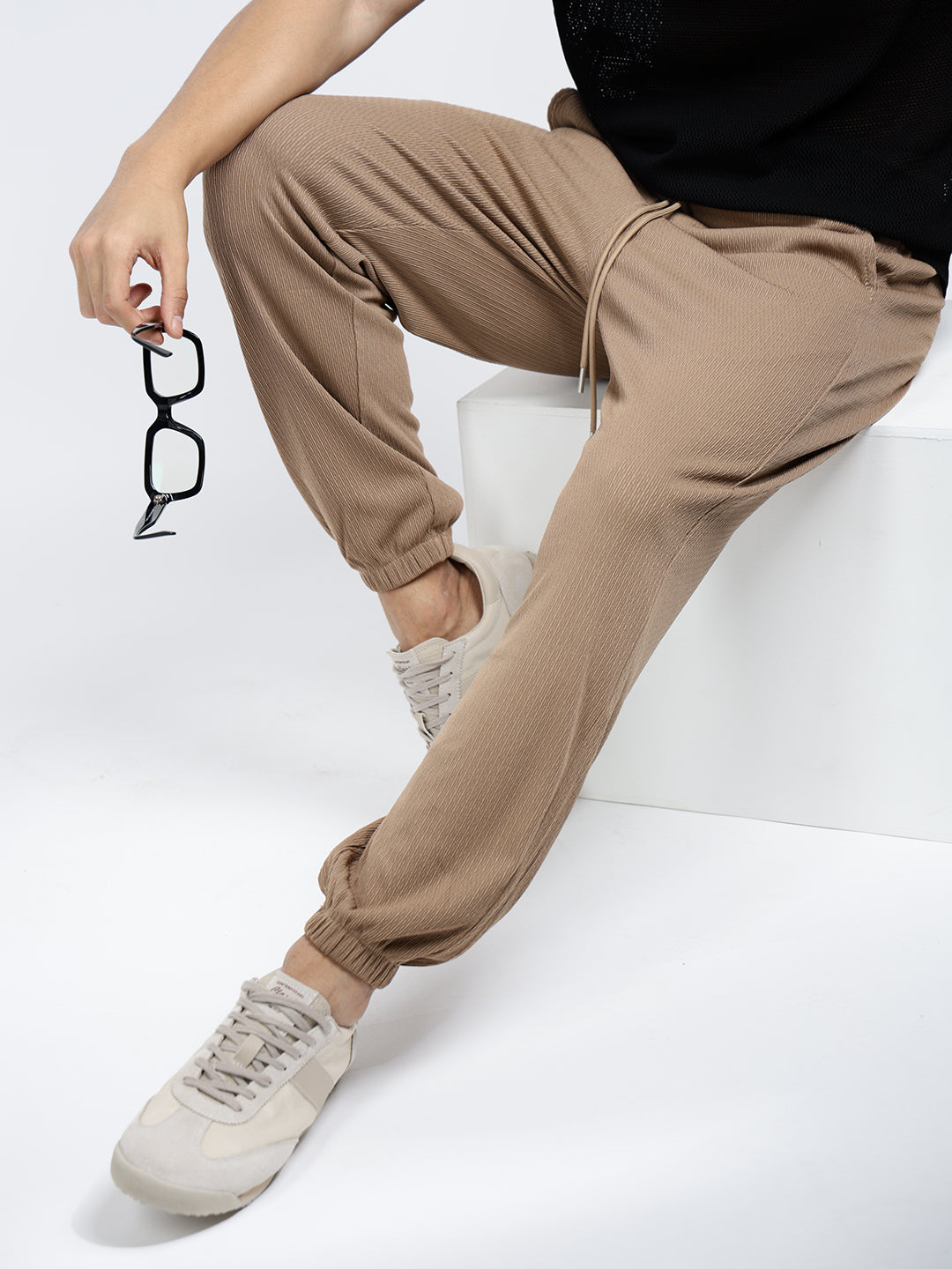 Men's Brown Elasticated Relaxed Fit Trousers with Drawstrings
