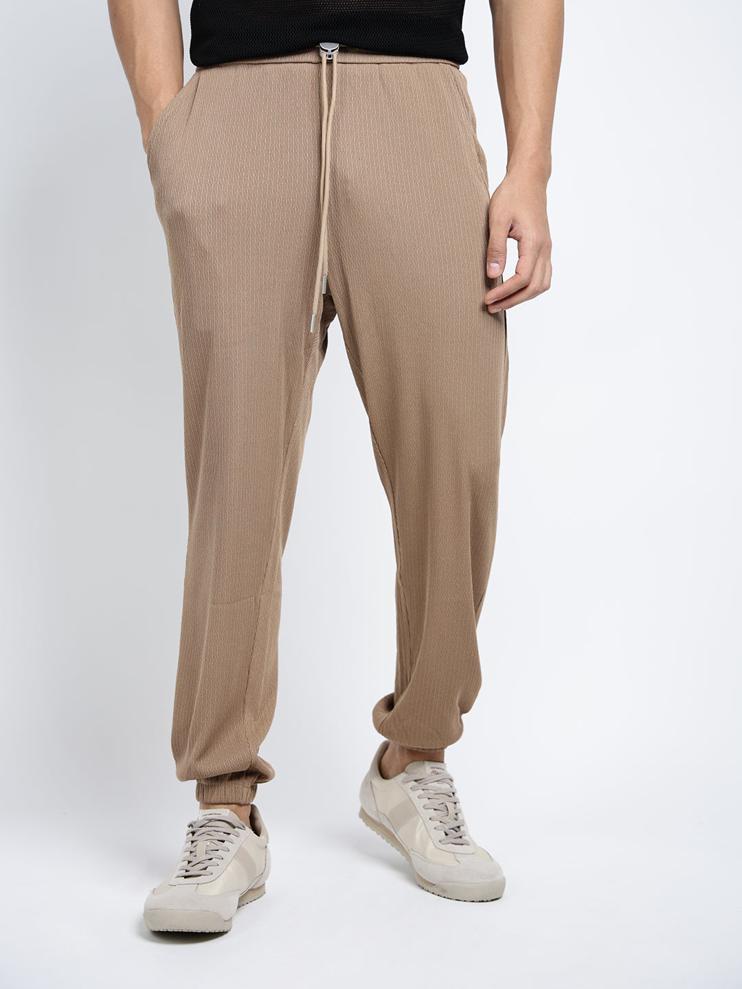 Men's Brown Elasticated Relaxed Fit Trousers with Drawstrings