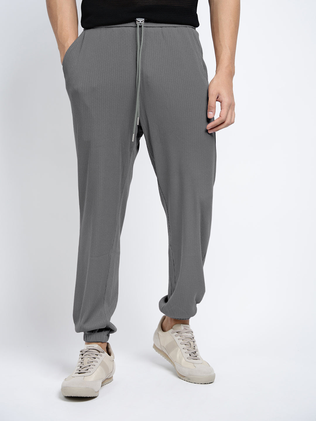 Men's Grey Relaxed Fit Trousers with Drawstrings