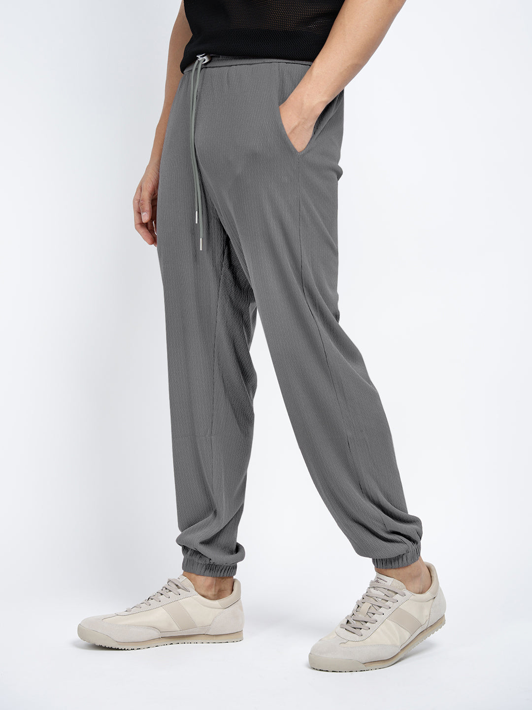 Men's Grey Relaxed Fit Trousers with Drawstrings