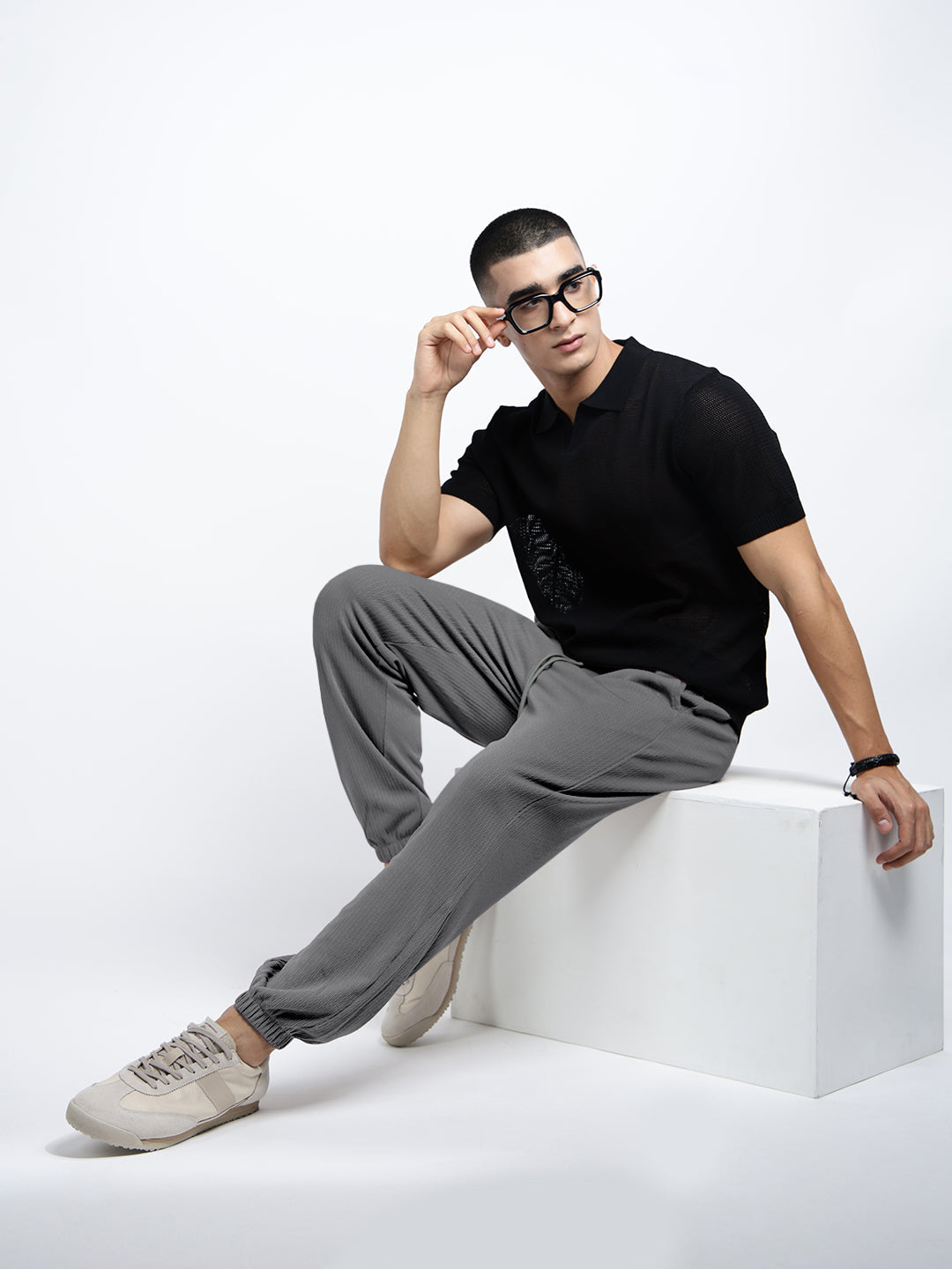 Men's Grey Relaxed Fit Trousers with Drawstrings