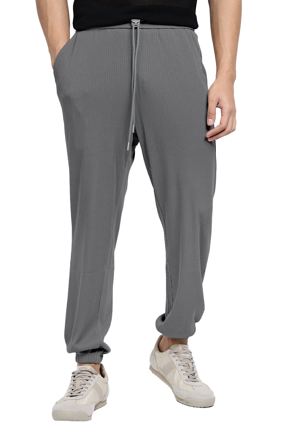 Men's Grey Relaxed Fit Trousers with Drawstrings