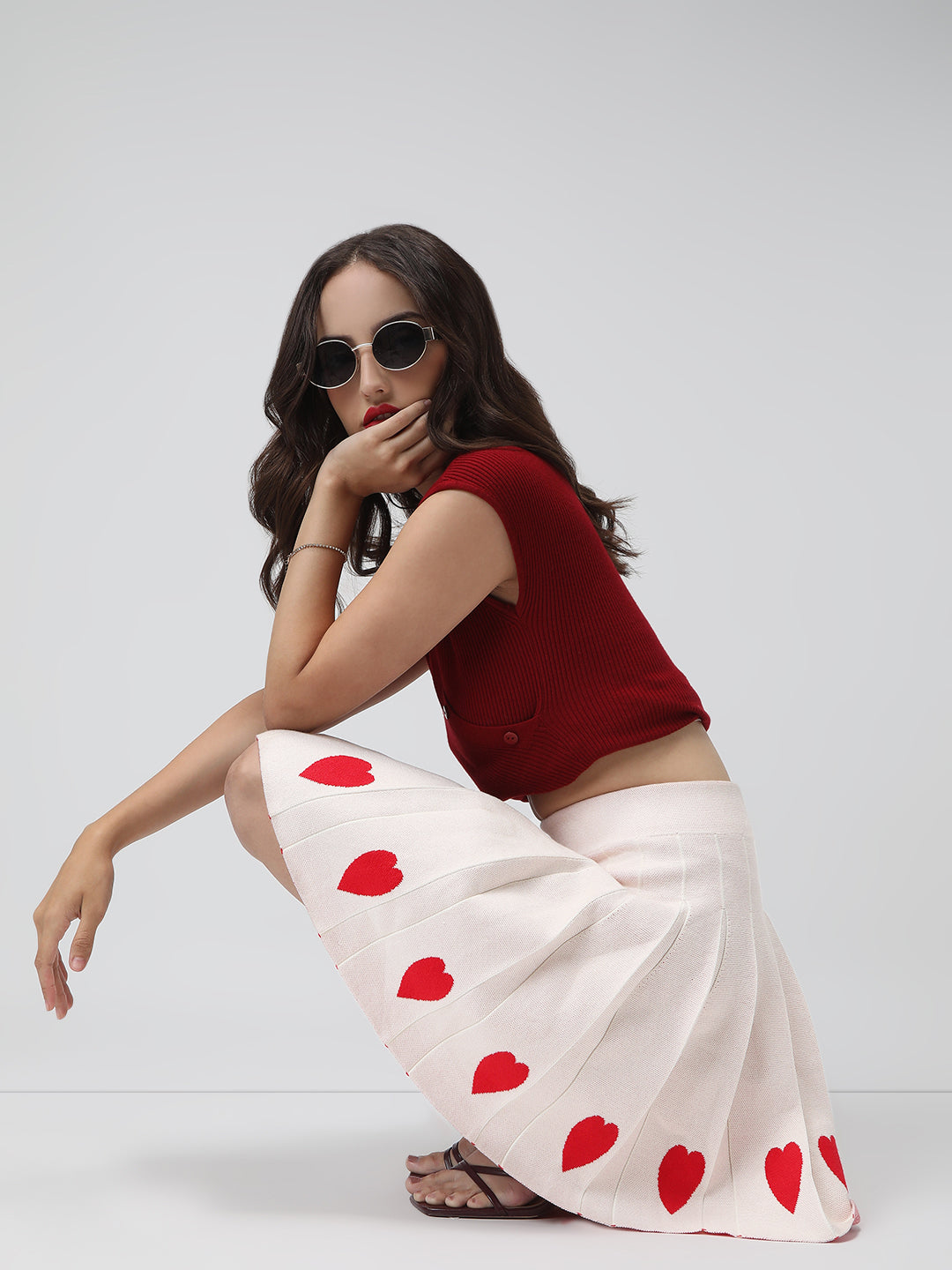 Women's Pleated Peach Mini Skirt with Heart Detail