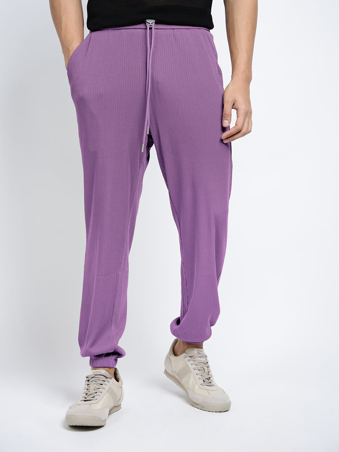 Men's Purple Elasticated Relaxed Fit Trousers with Drawstrings