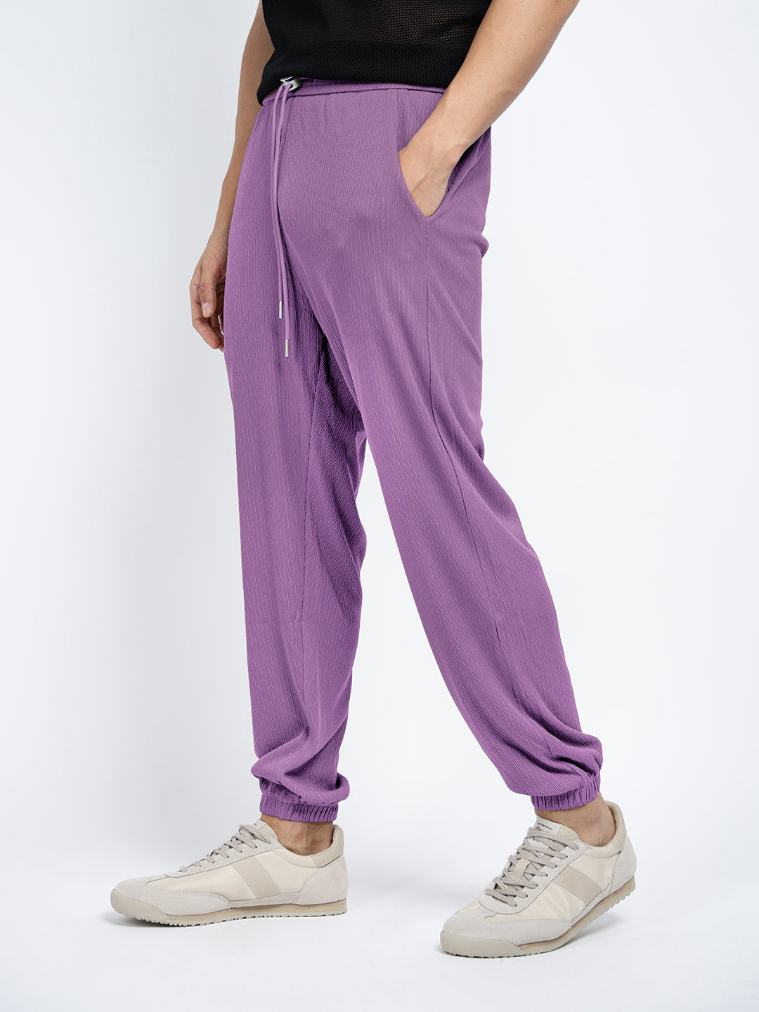 Men's Purple Elasticated Relaxed Fit Trousers with Drawstrings