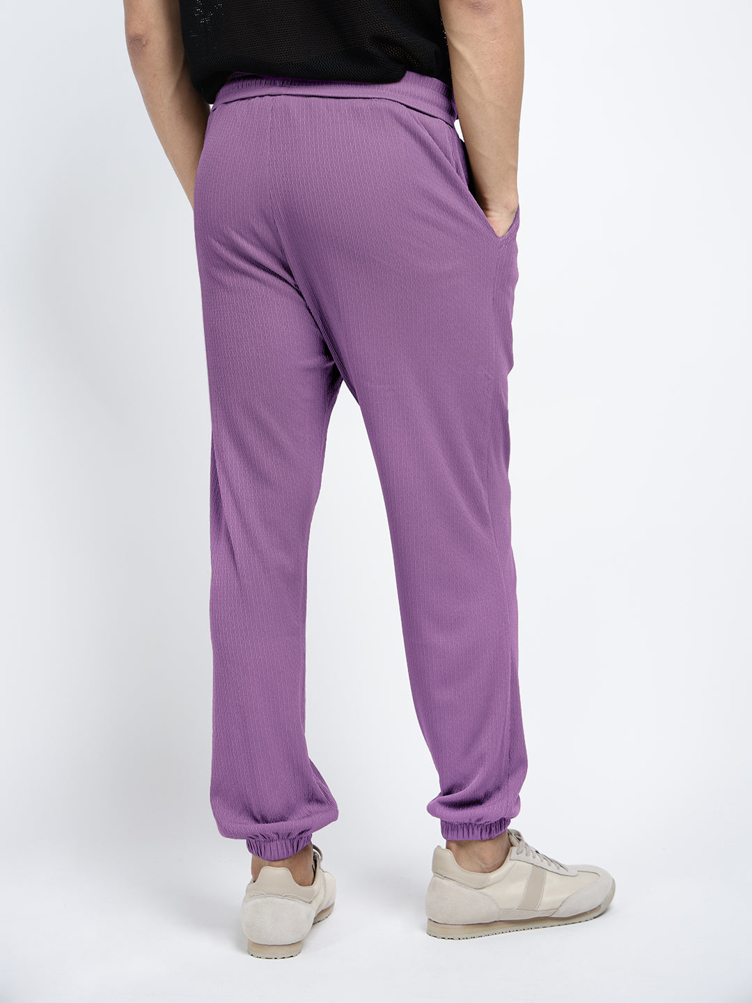 Men's Purple Elasticated Relaxed Fit Trousers with Drawstrings