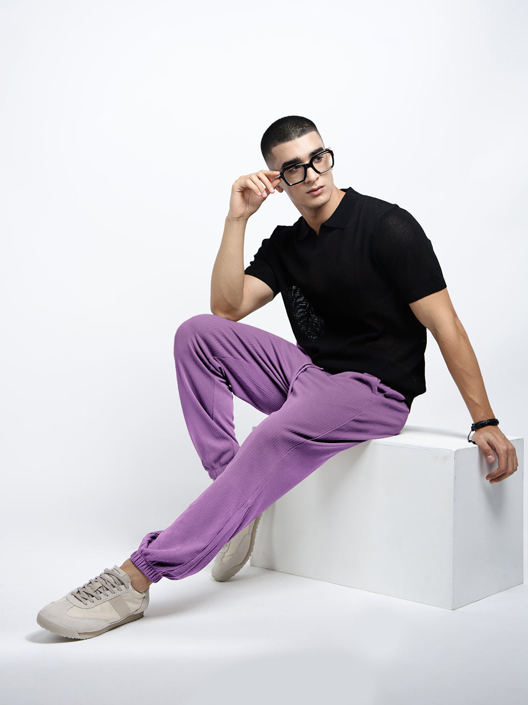 Men's Purple Elasticated Relaxed Fit Trousers with Drawstrings