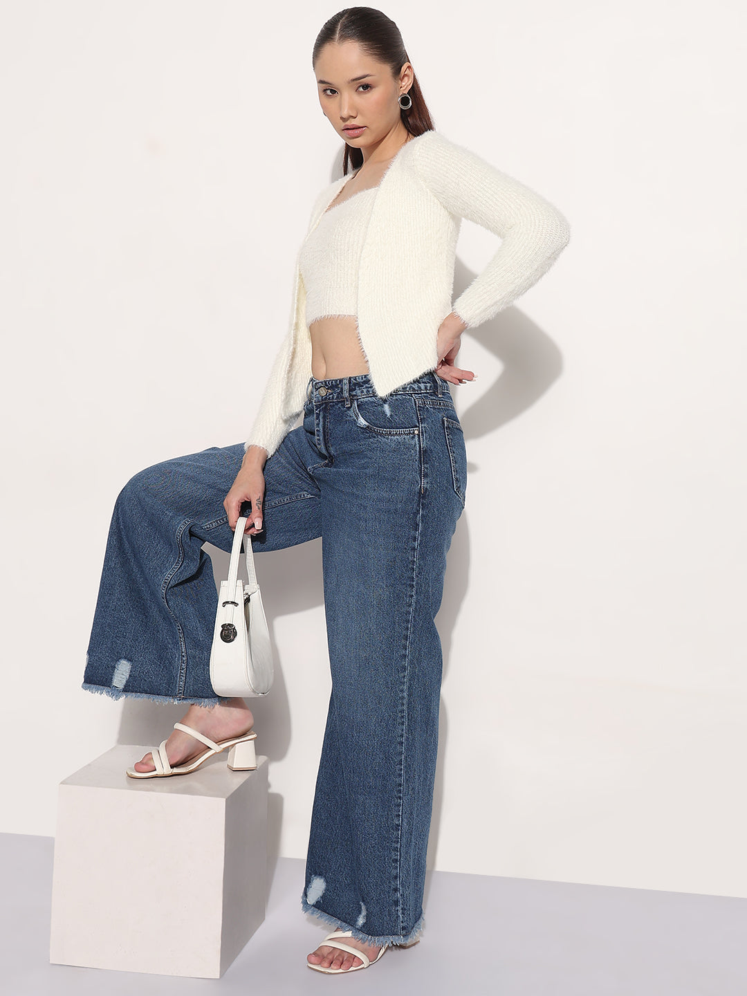 Women's Knitted Off White Sleeveless Crop Top with Shrug