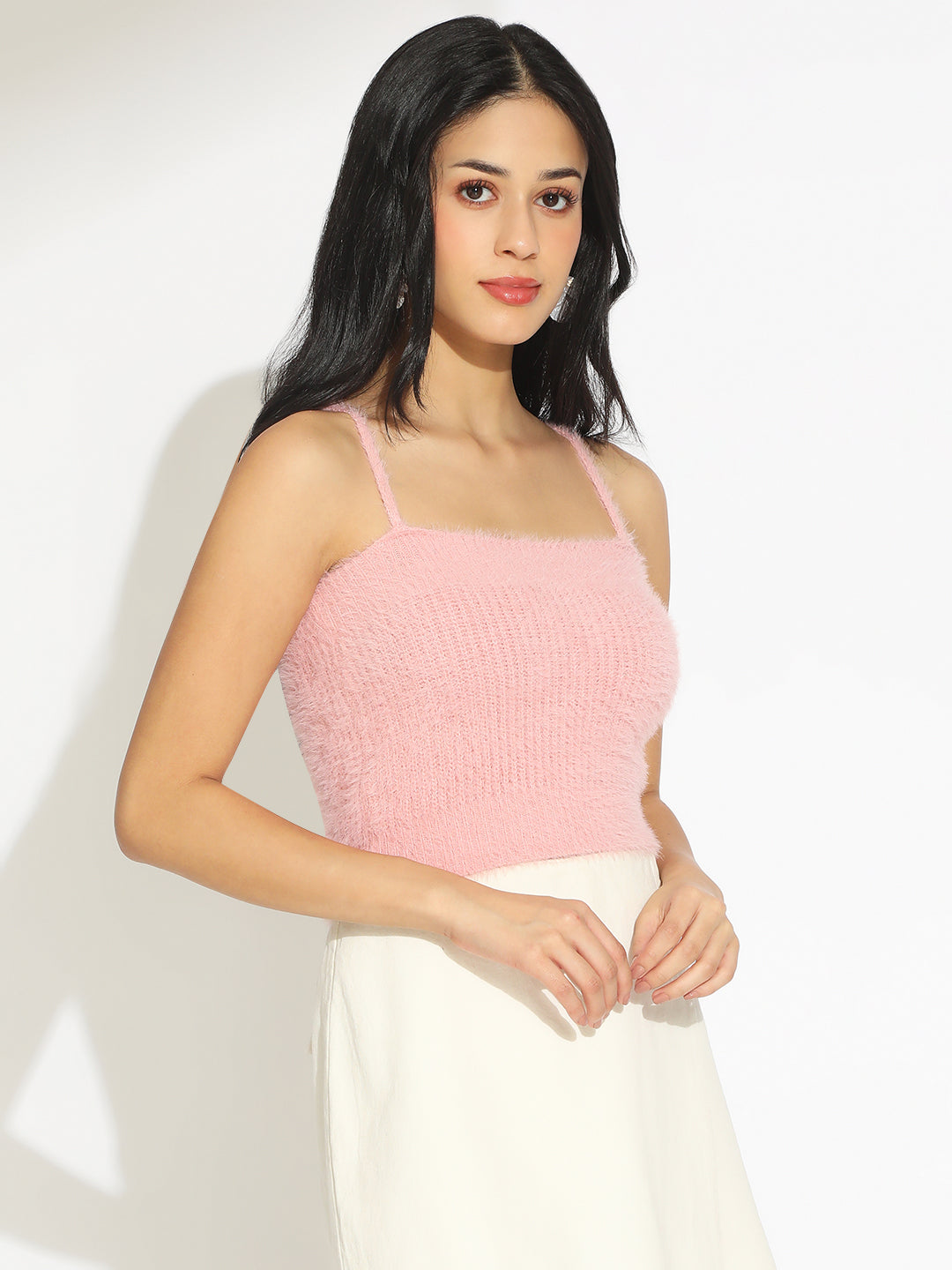 Women's Knitted Pink Sleeveless Crop Top with Shrug