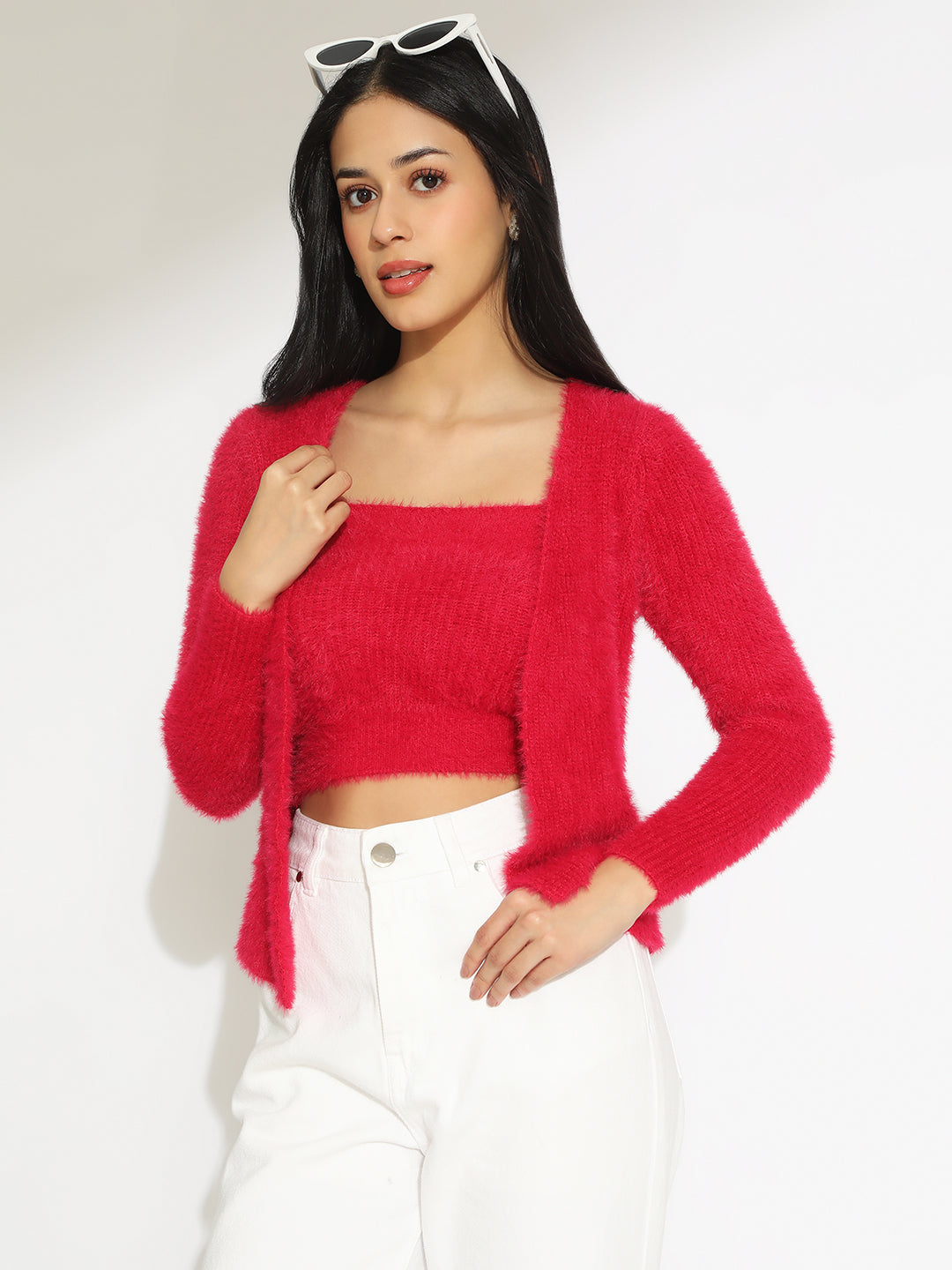 Women's Knitted Red Sleeveless Crop Top with Shrug