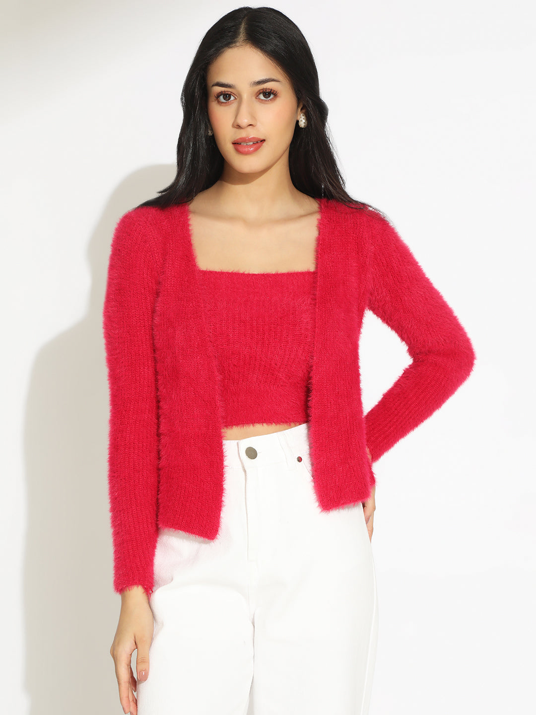 Women's Knitted Red Sleeveless Crop Top with Shrug