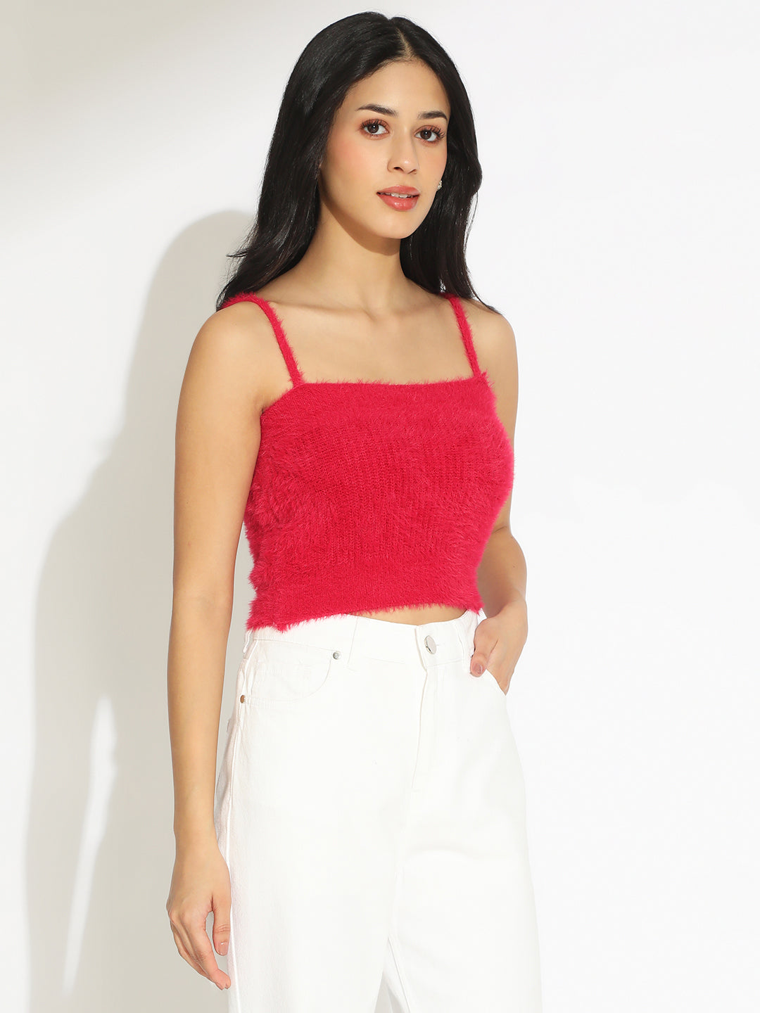 Women's Knitted Red Sleeveless Crop Top with Shrug