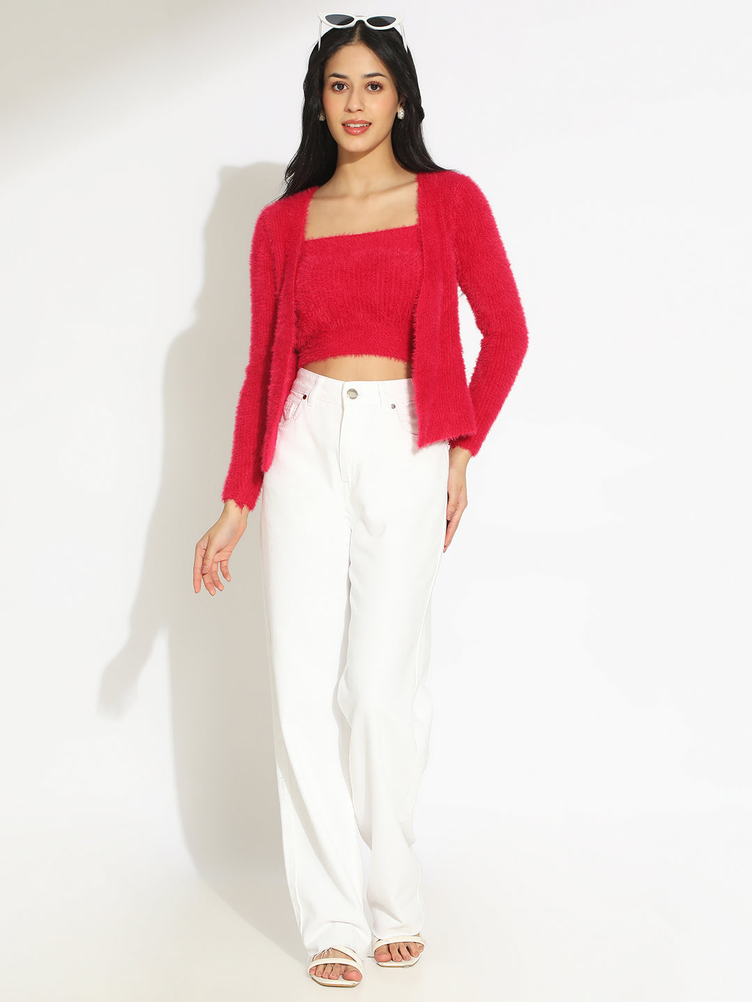 Women's Knitted Red Sleeveless Crop Top with Shrug