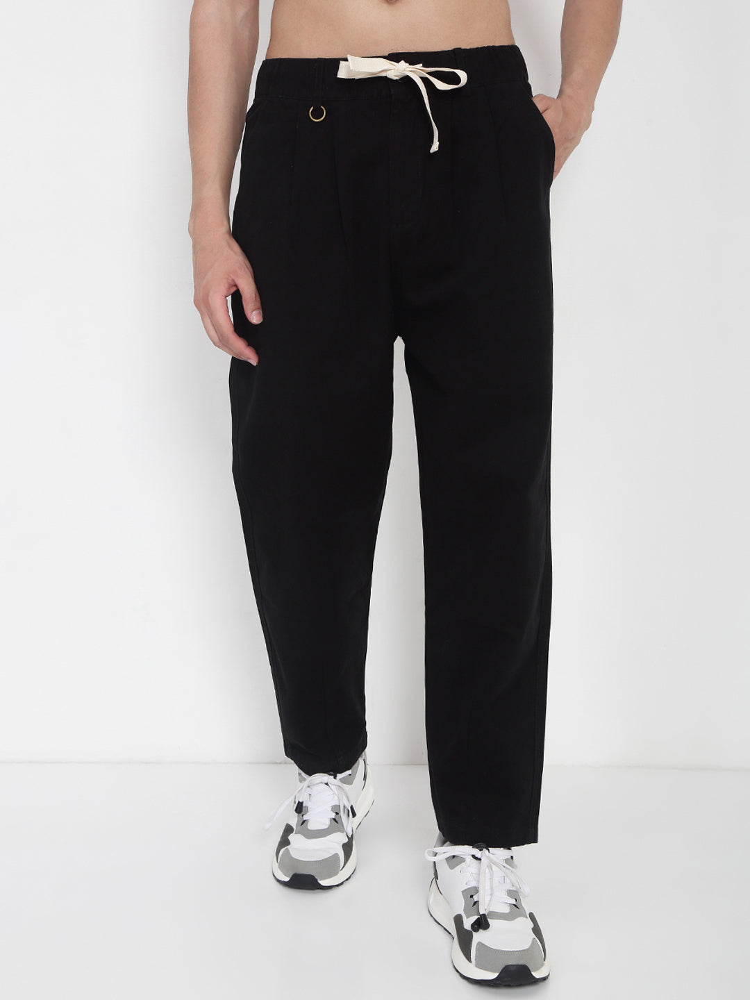 Men's Cotton Black Relaxed Fit Korean Trousers