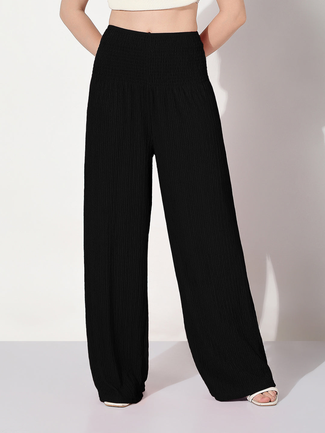 Women's Smocked Black Wide Leg Trouser