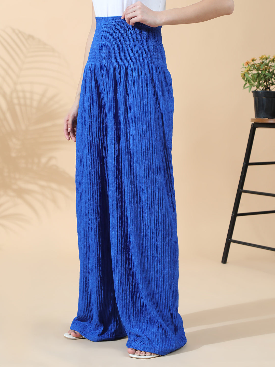Women's Smocked Blue Wide Leg Trouser