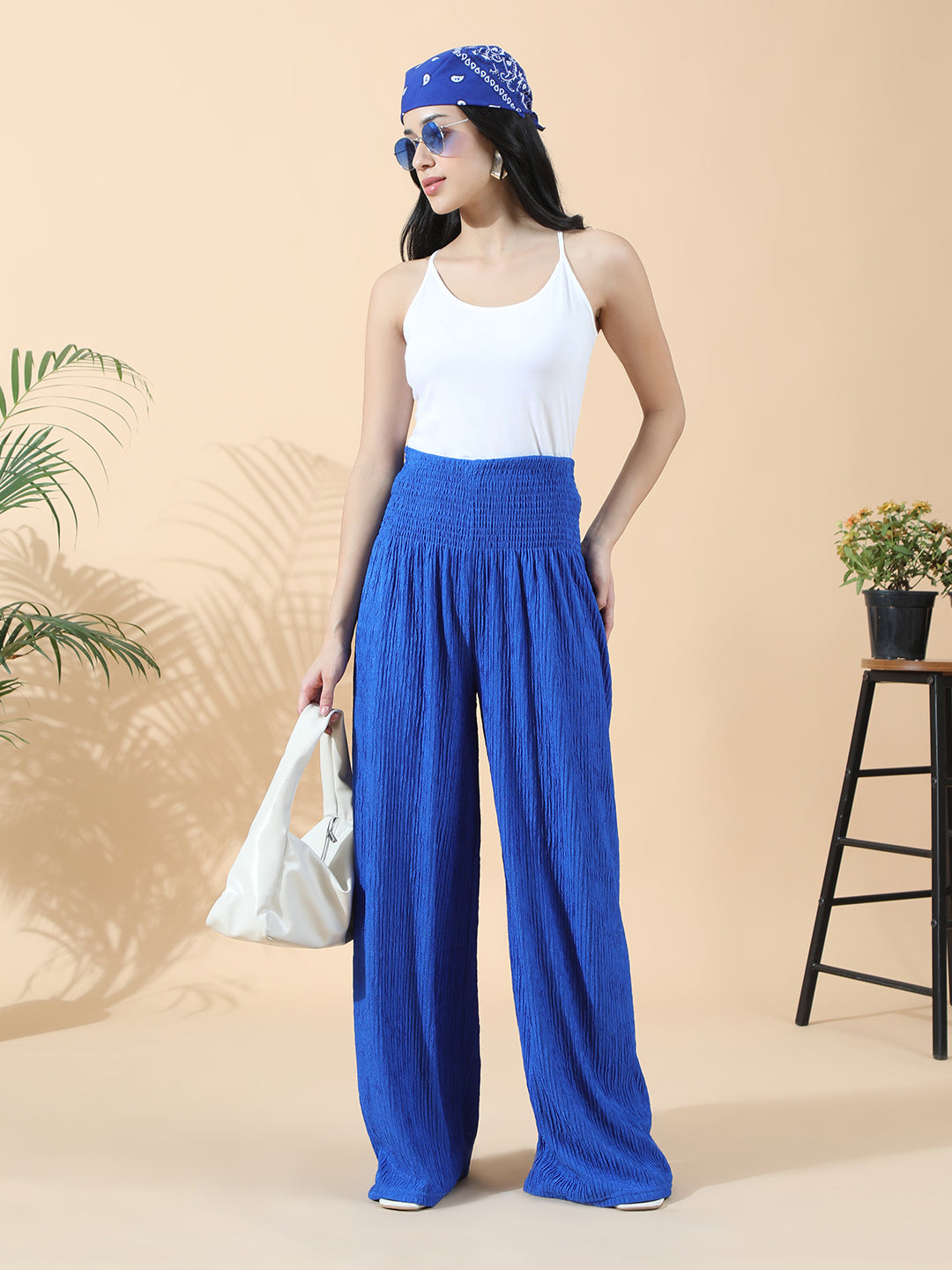 Women's Smocked Blue Wide Leg Trouser