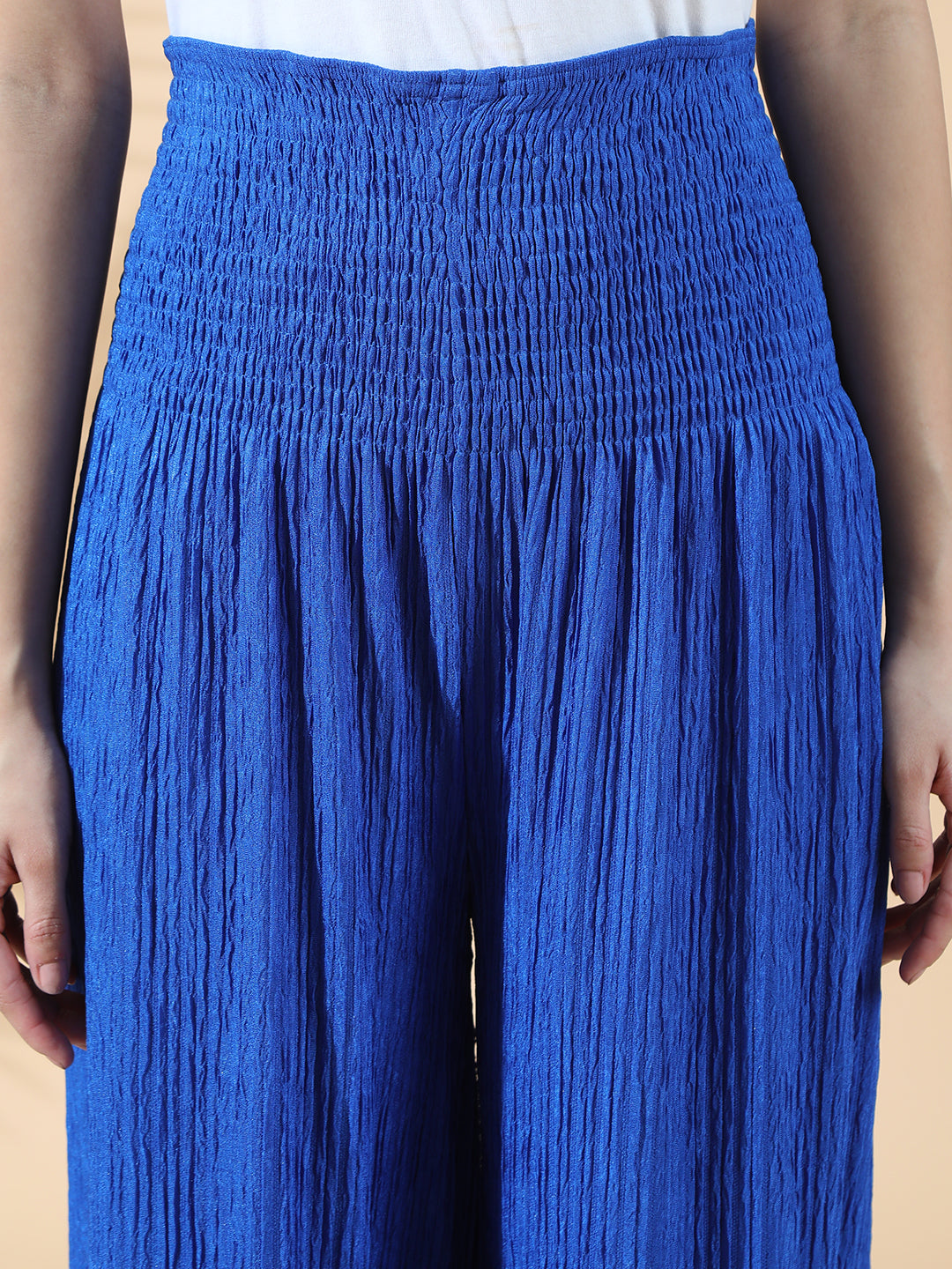 Women's Smocked Blue Wide Leg Trouser