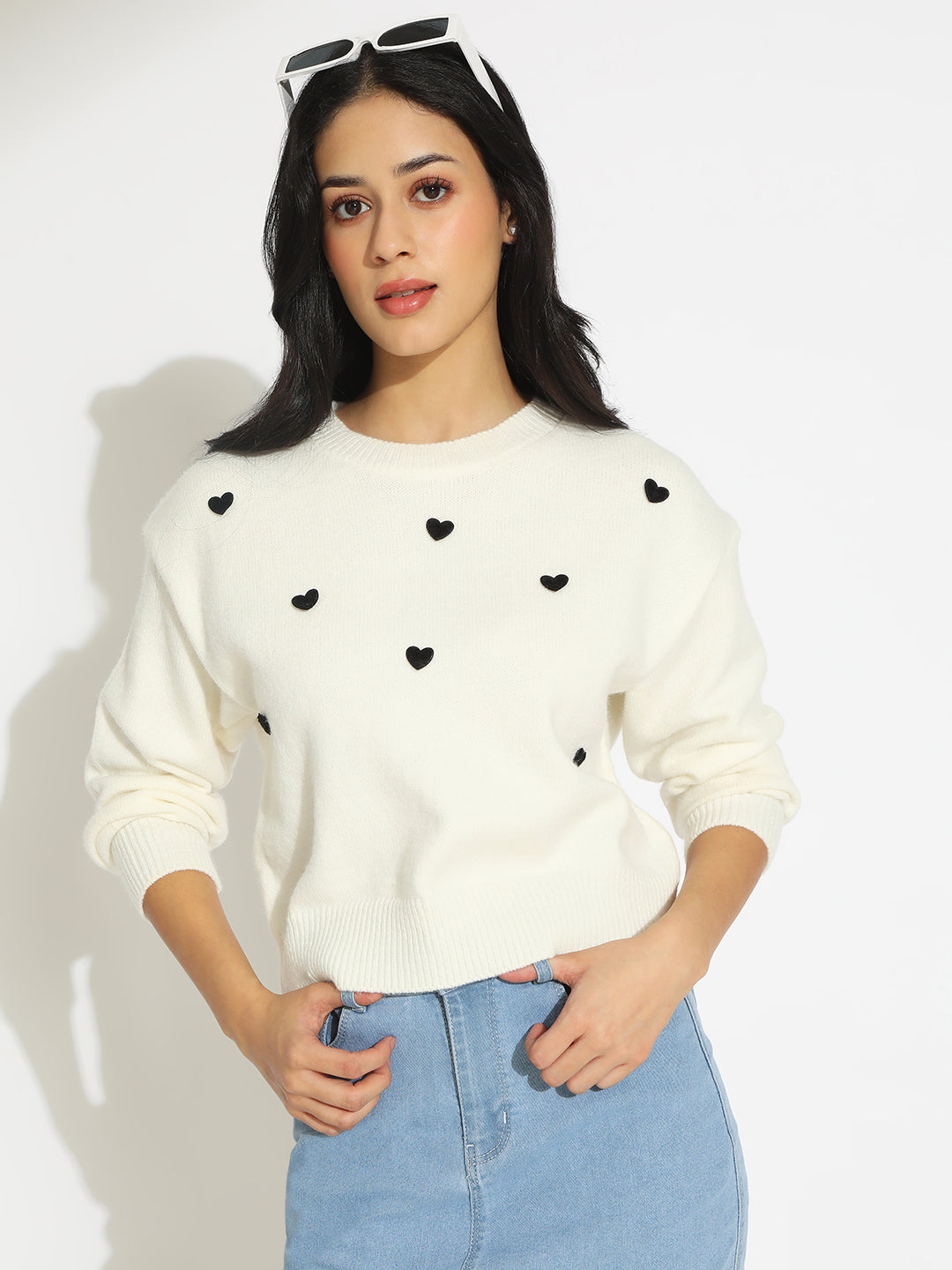 Women's White Knit Pullover Top with Black Heart Embroidery