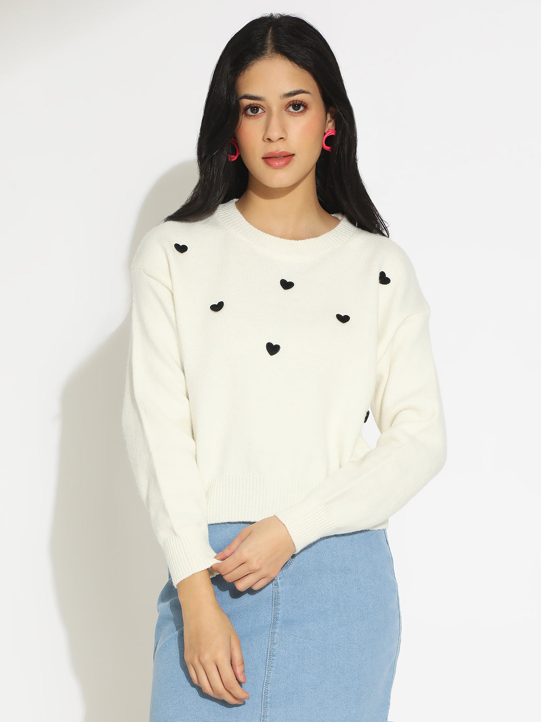 Women's White Knit Pullover Top with Black Heart Embroidery