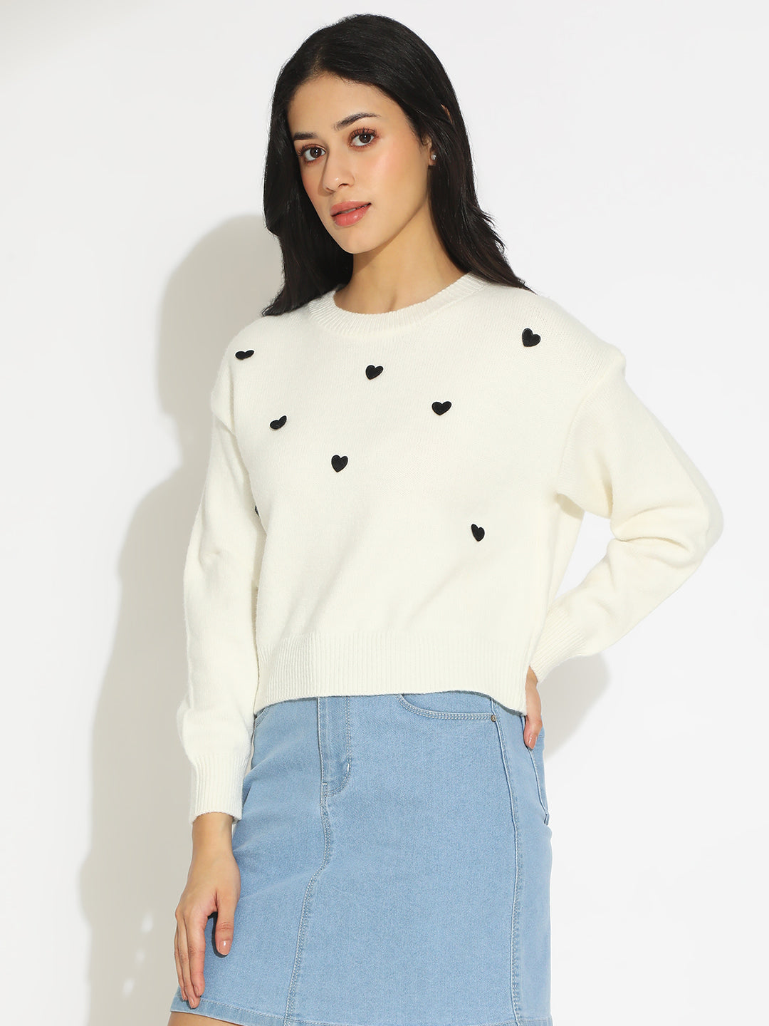 Women's White Knit Pullover Top with Black Heart Embroidery