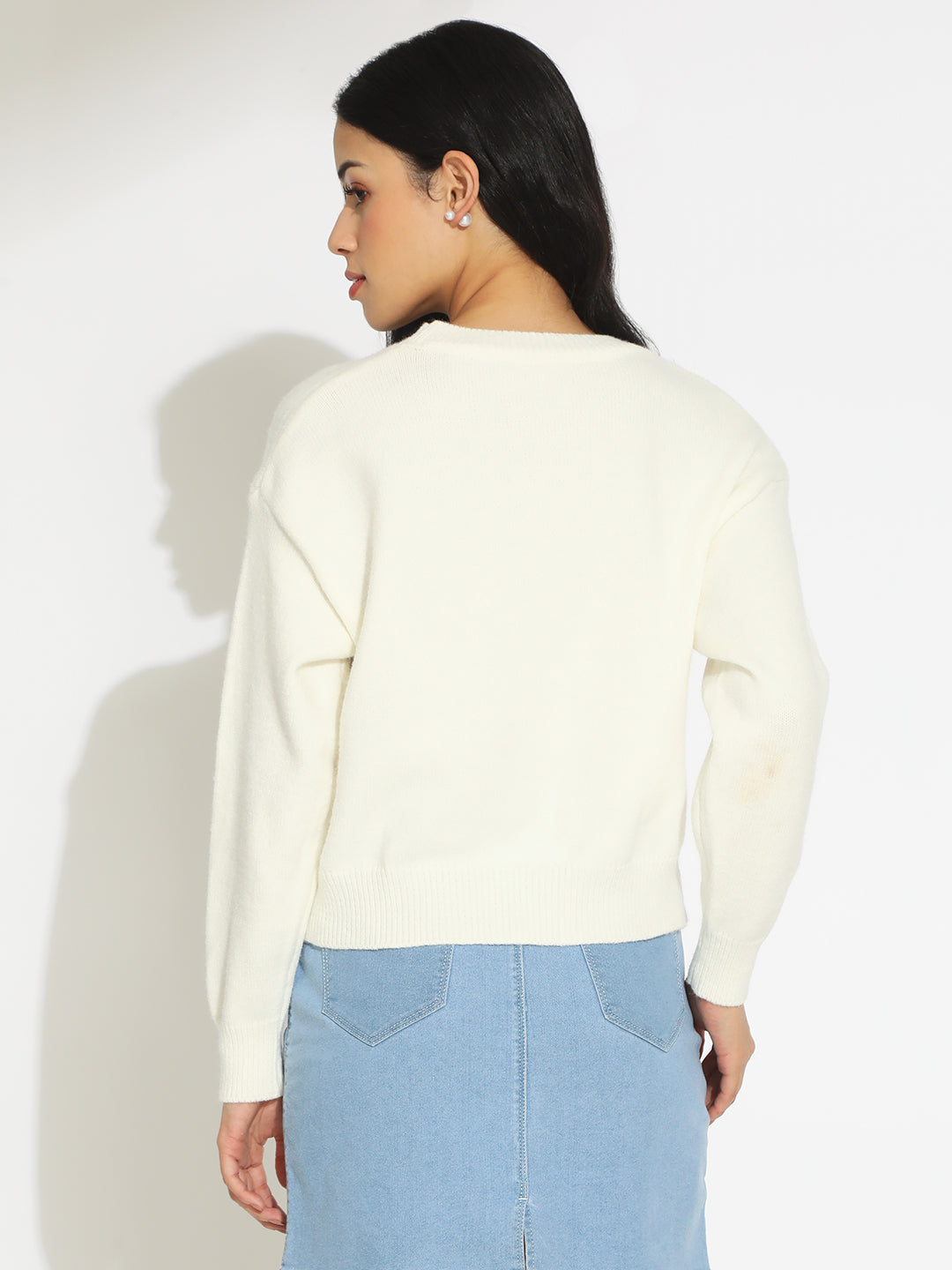 Women's White Knit Pullover Top with Black Heart Embroidery