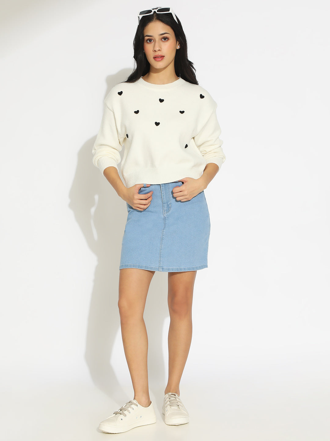 Women's White Knit Pullover Top with Black Heart Embroidery