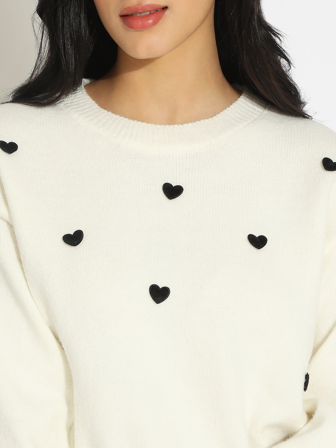Women's White Knit Pullover Top with Black Heart Embroidery
