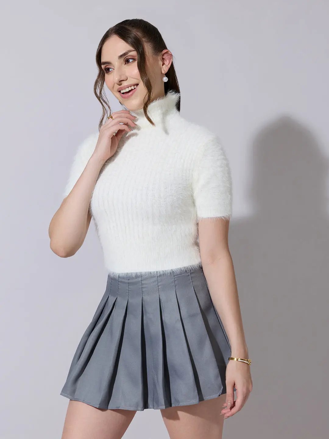 Women's Ribbed Off White Fuzzy High Neck Top