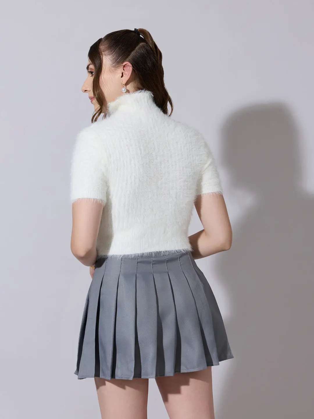 Women's Ribbed Off White Fuzzy High Neck Top