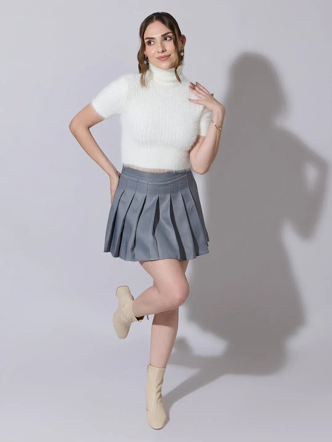 Women's Ribbed Off White Fuzzy High Neck Top