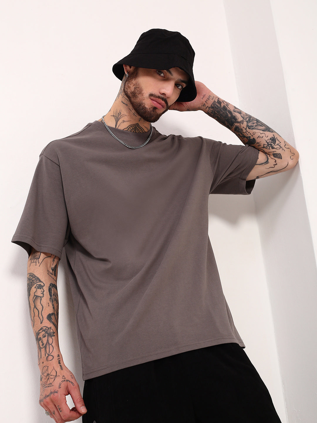 Men Grey Solid Oversized T Shirt