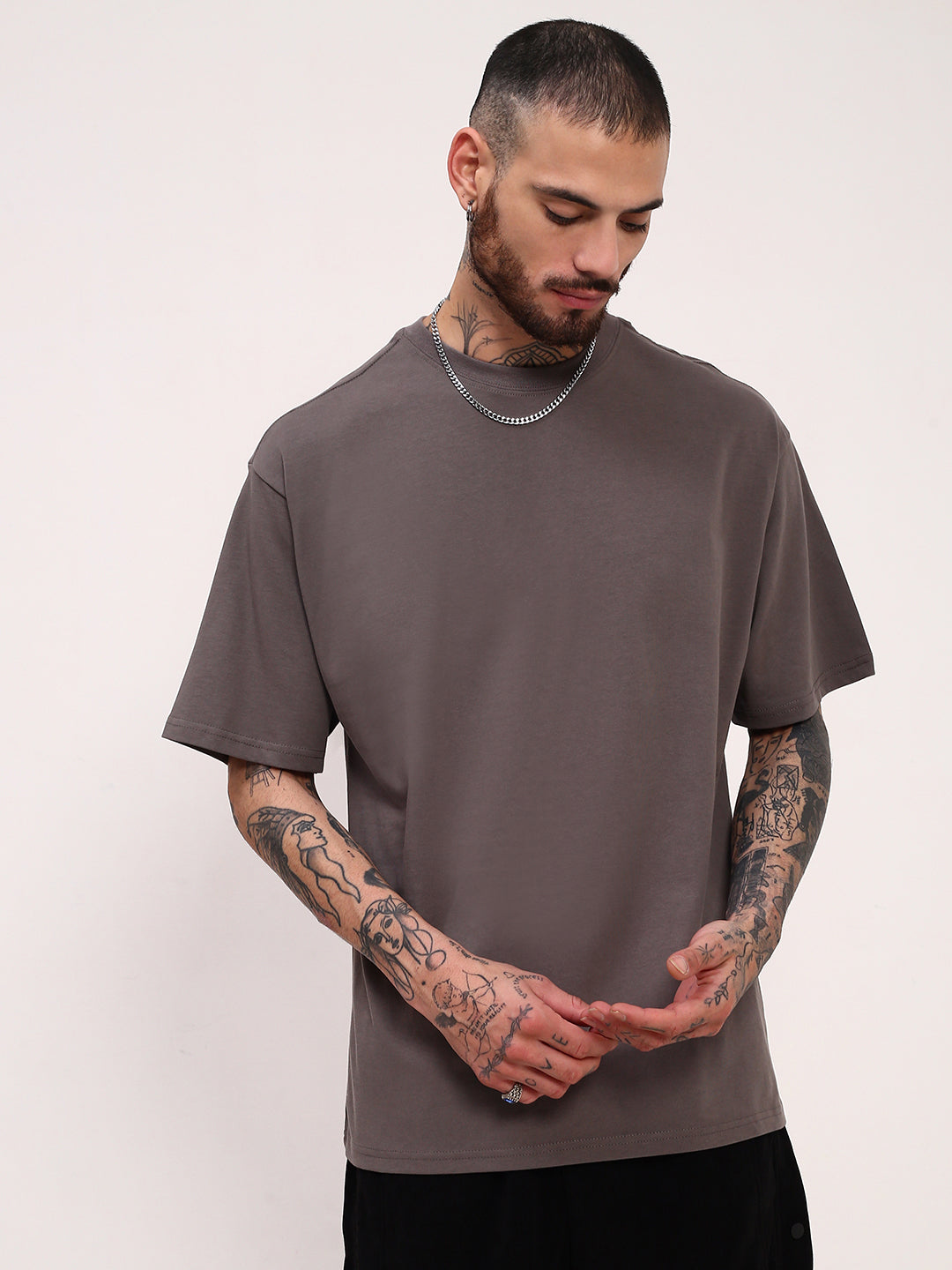 Men Grey Solid Oversized T Shirt