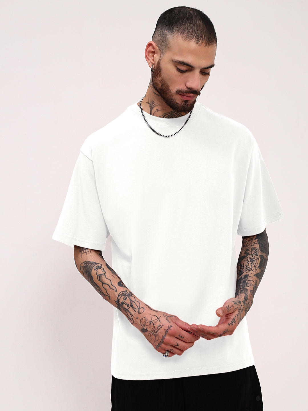 Men's White Short Sleeves Round Neck Oversized T-Shirt