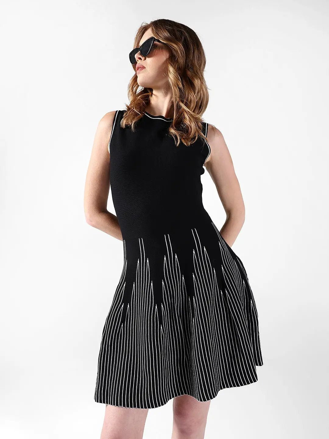 Shop Women's Black Skater Dress with Contrast Stripe Detail| Showoffff Shop Women's Black Skater Dress with Contrast Stripe Detail| Showoffff
