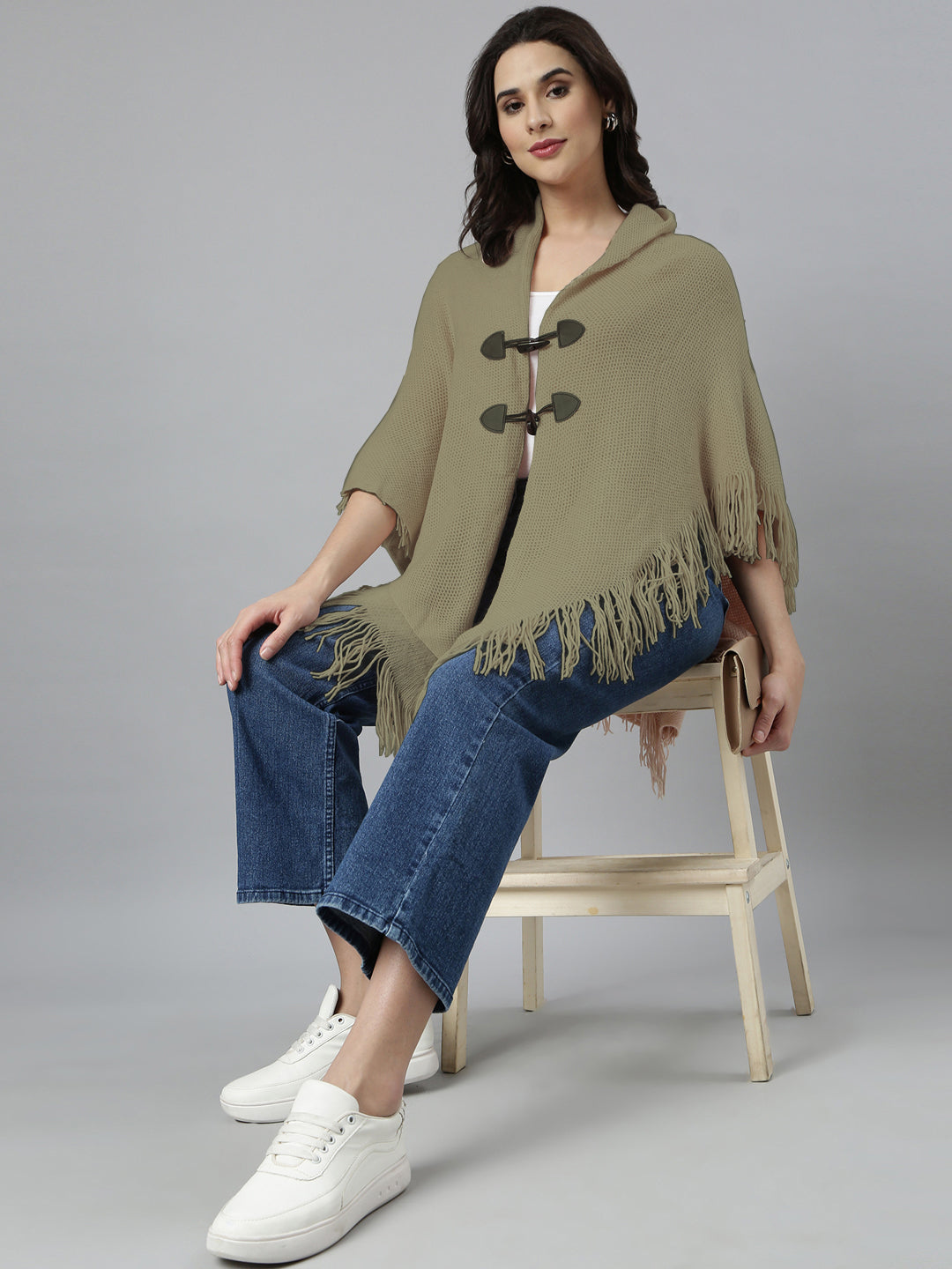 Women Hood Neck Solid Beige Longline Poncho