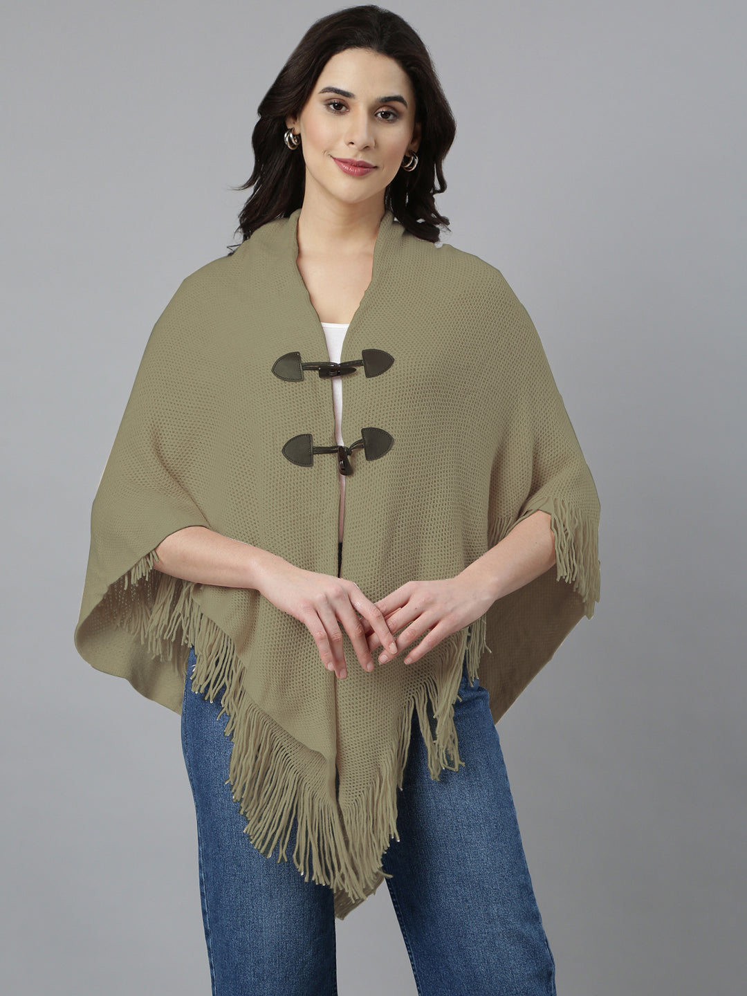 Women Hood Neck Solid Beige Longline Poncho