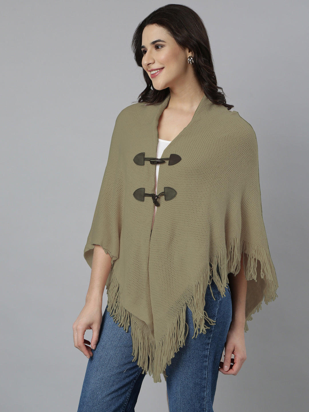 Women Hood Neck Solid Beige Longline Poncho