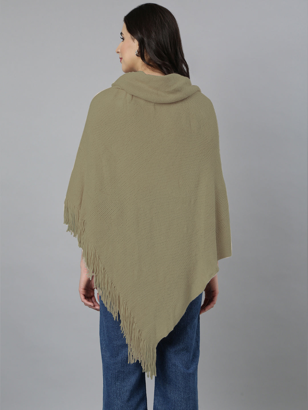 Women Hood Neck Solid Beige Longline Poncho