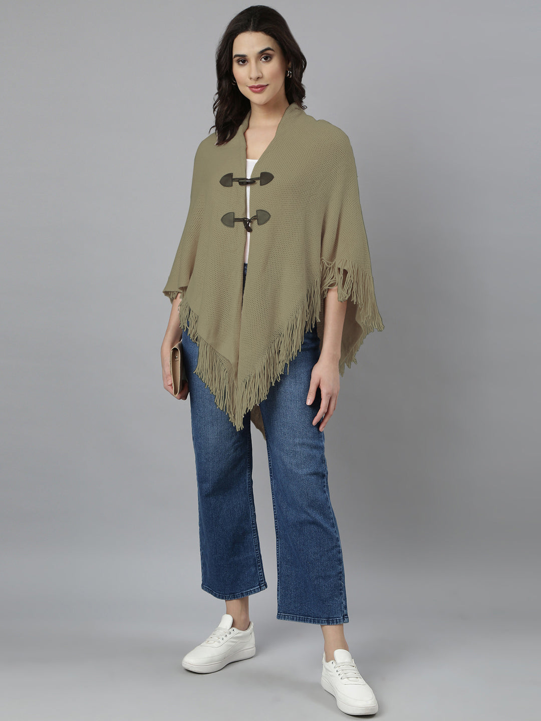 Women Hood Neck Solid Beige Longline Poncho