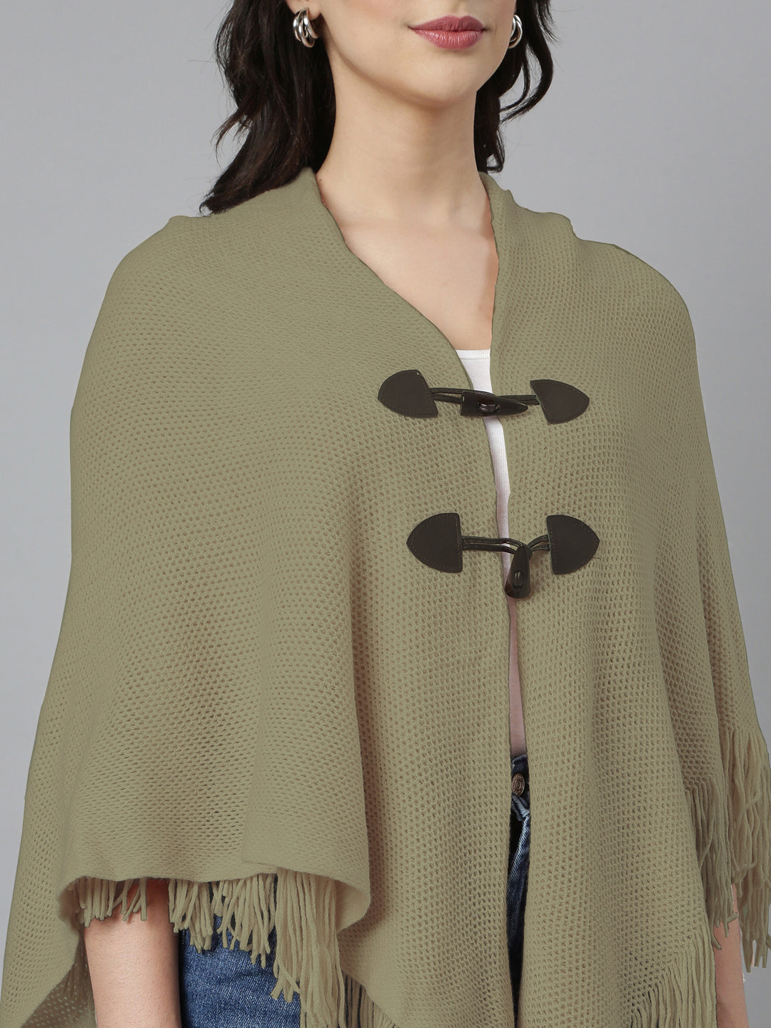 Women Hood Neck Solid Beige Longline Poncho