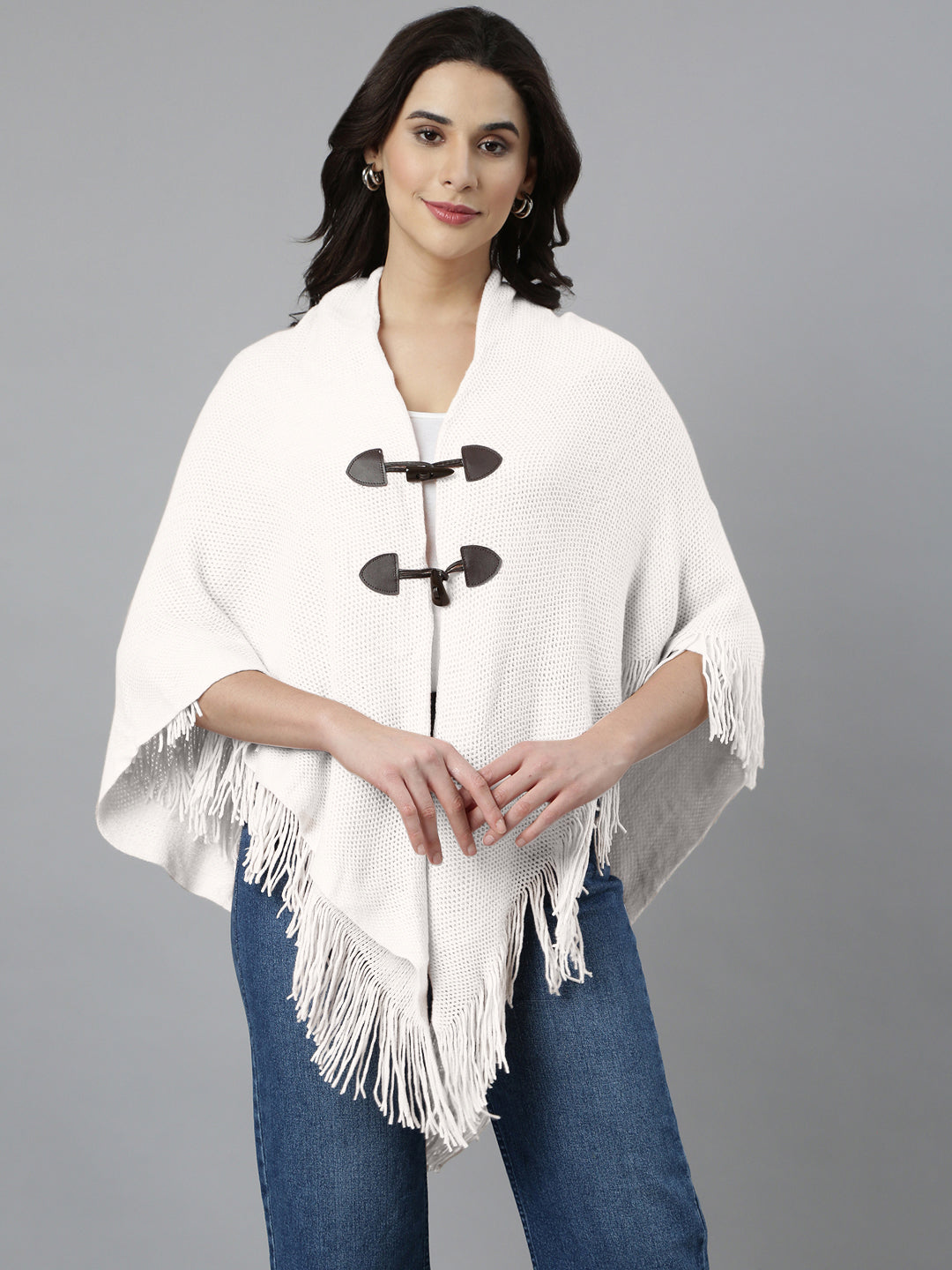 Women Hood Neck Solid White Longline Poncho