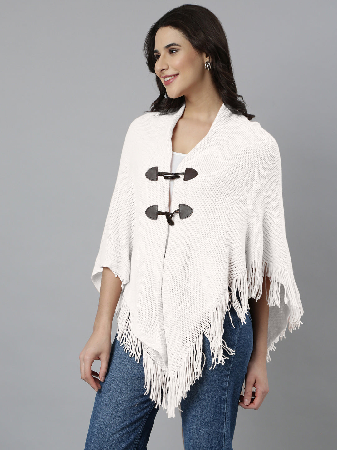 Women Hood Neck Solid White Longline Poncho