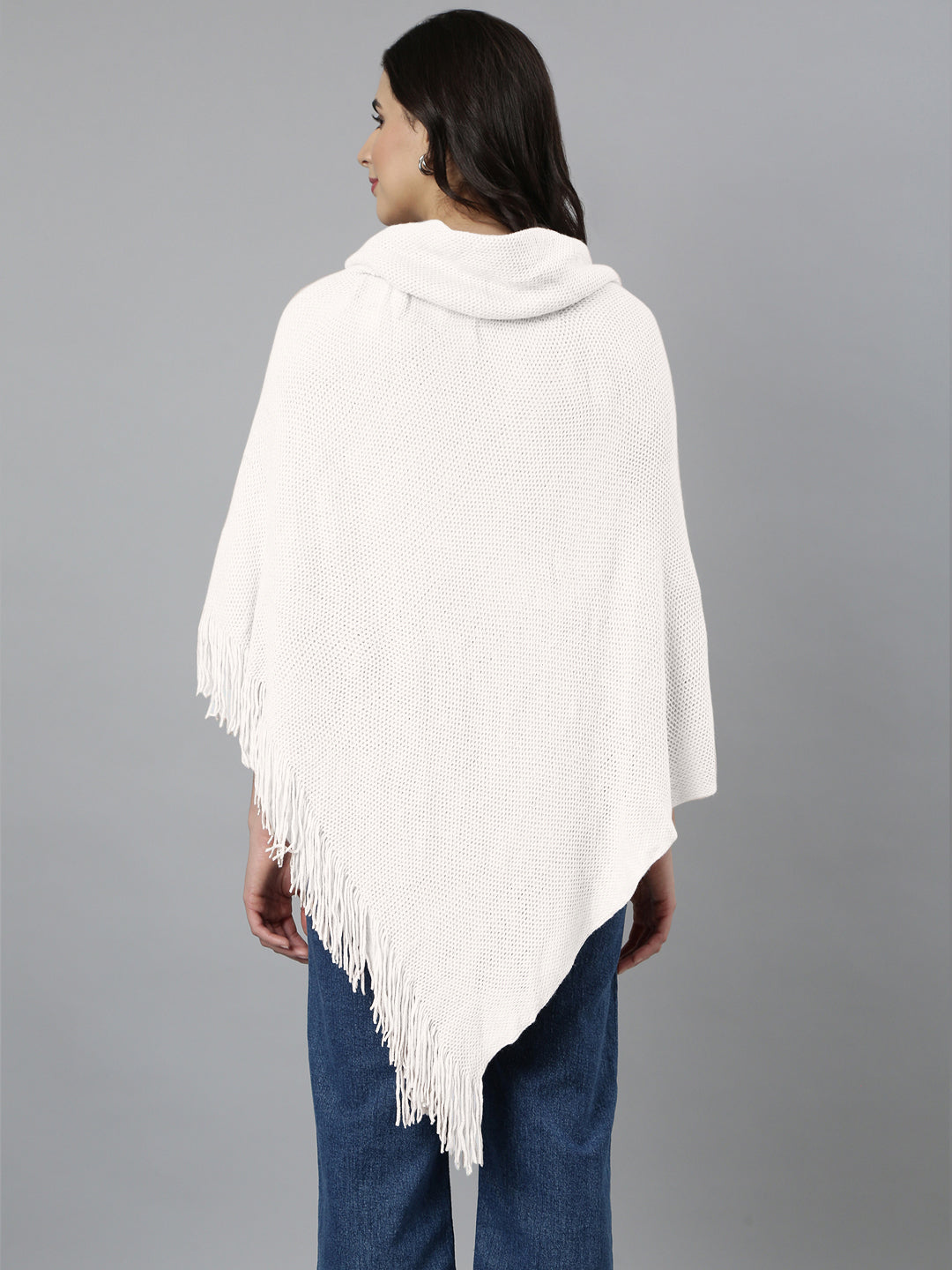 Women Hood Neck Solid White Longline Poncho